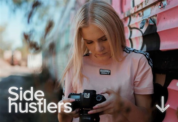 Image edit of a photographer utilising a Canon camera, with text on the image "Side hustlers"