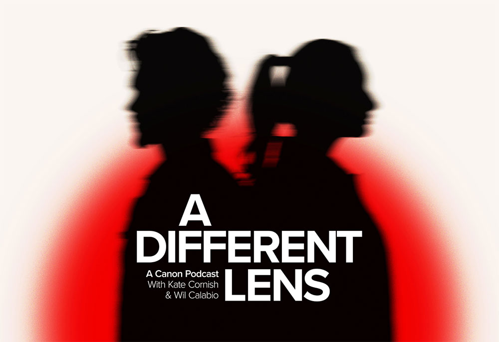 Image of a man and woman's silhouette in front of a red light for the A Different Lens podcast with the title copy