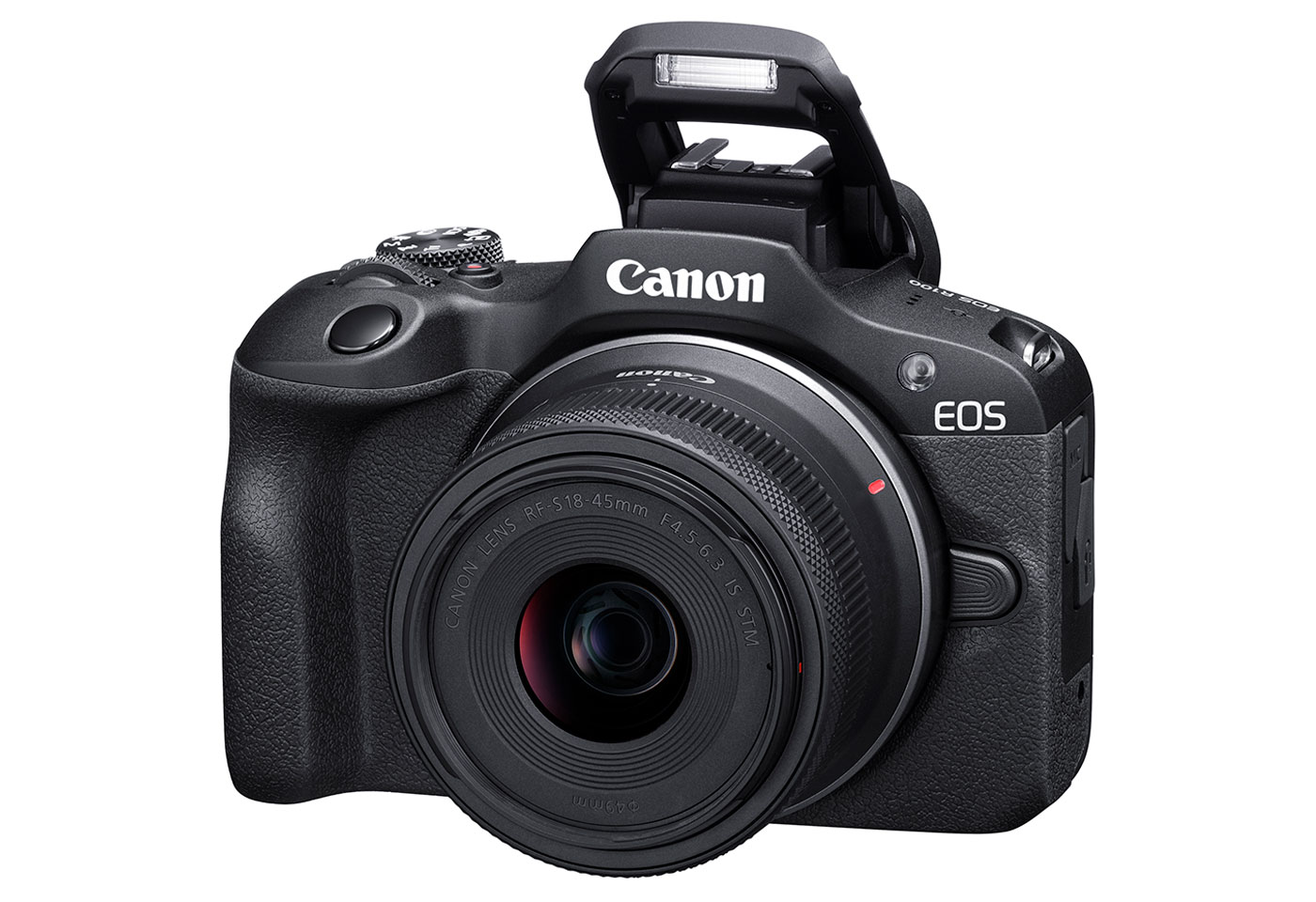 Front slant product image of EOS R100 with flash